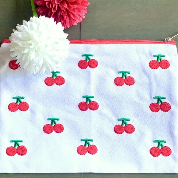 White Cotton Embroidered Red Cherry Cherries Zippered Pouch Cosmetic Travel Bag - Picture 3 of 7